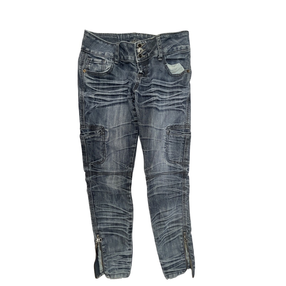 Almost Famous Womens Skinny Cargo Jeans Blue Whiskered Ankle‎ Zip Size 7